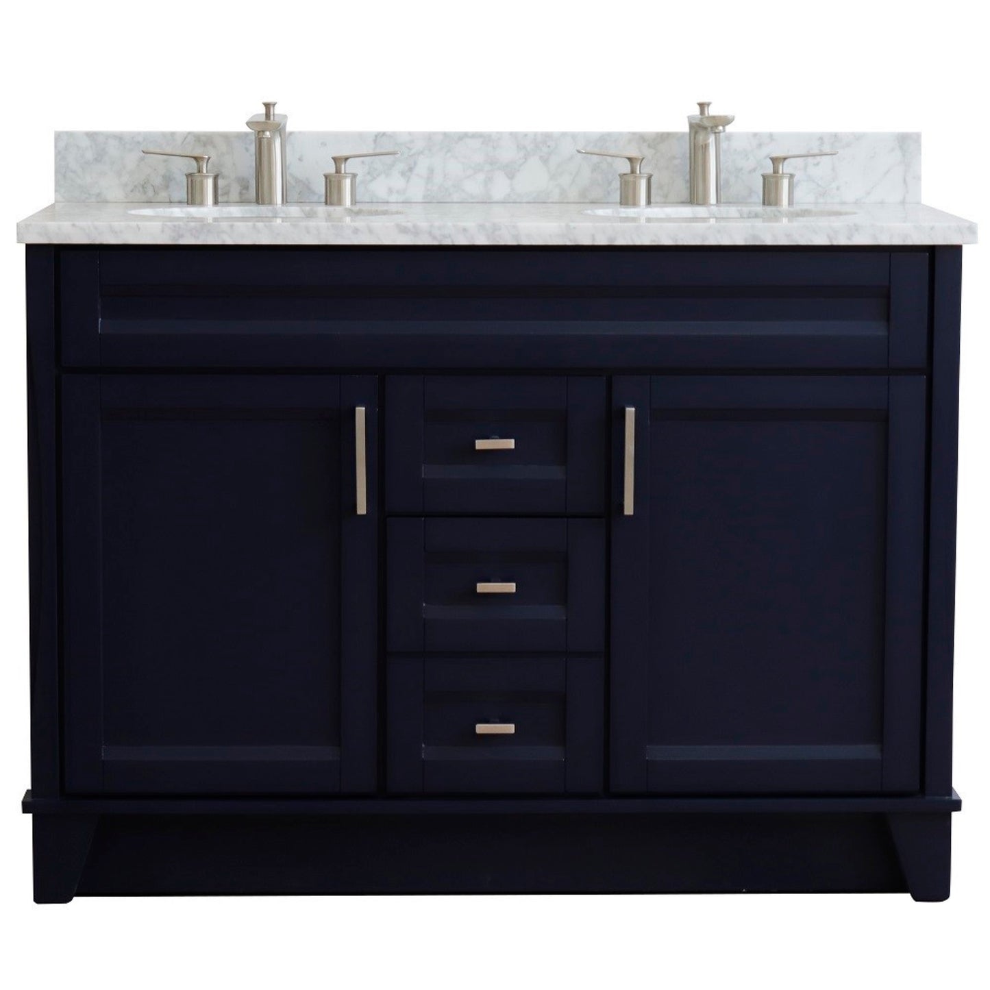 49" Double sink vanity in Blue finish with White Carrara marble and oval sink