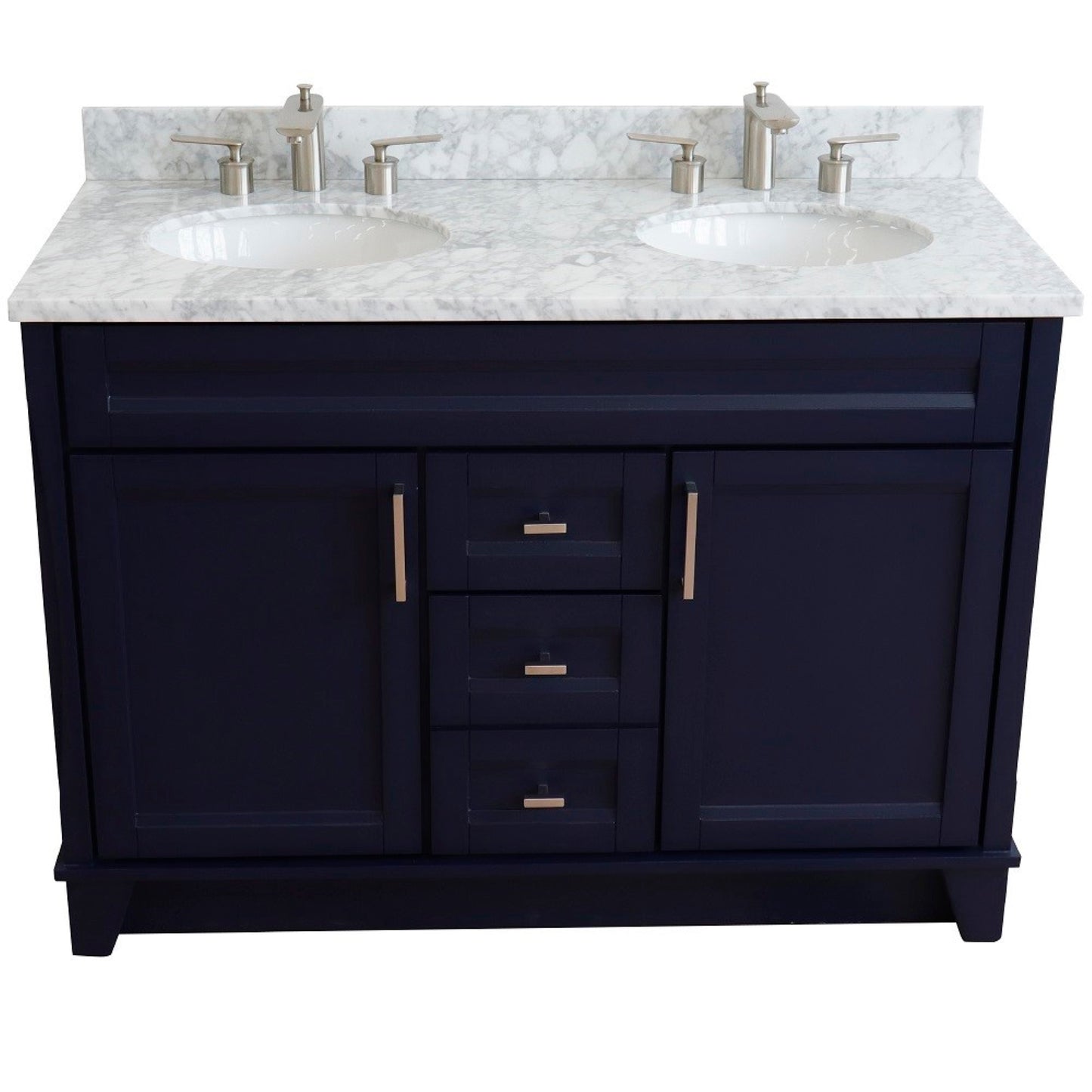 49" Double sink vanity in Blue finish with White Carrara marble and oval sink