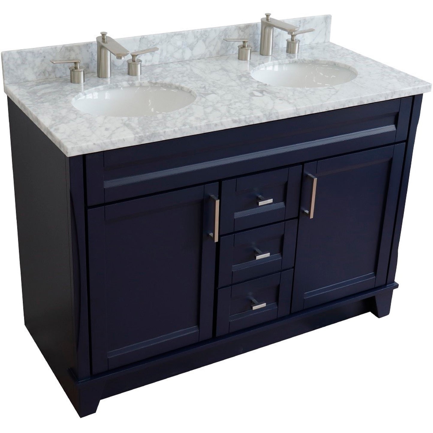 49" Double sink vanity in Blue finish with White Carrara marble and oval sink