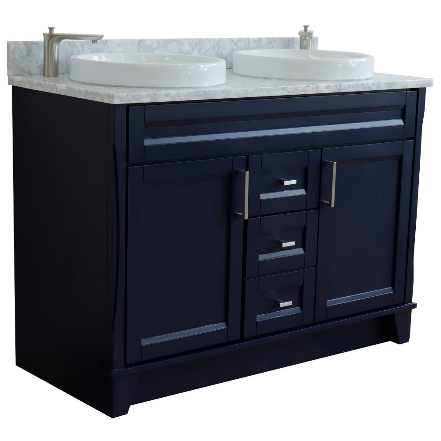 49" Double sink vanity in Blue finish with White Carrara marble and round sink