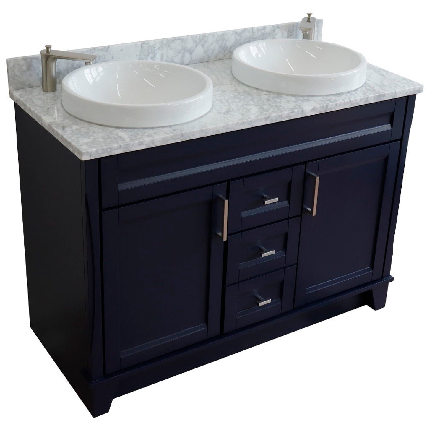 49" Double sink vanity in Blue finish with White Carrara marble and round sink