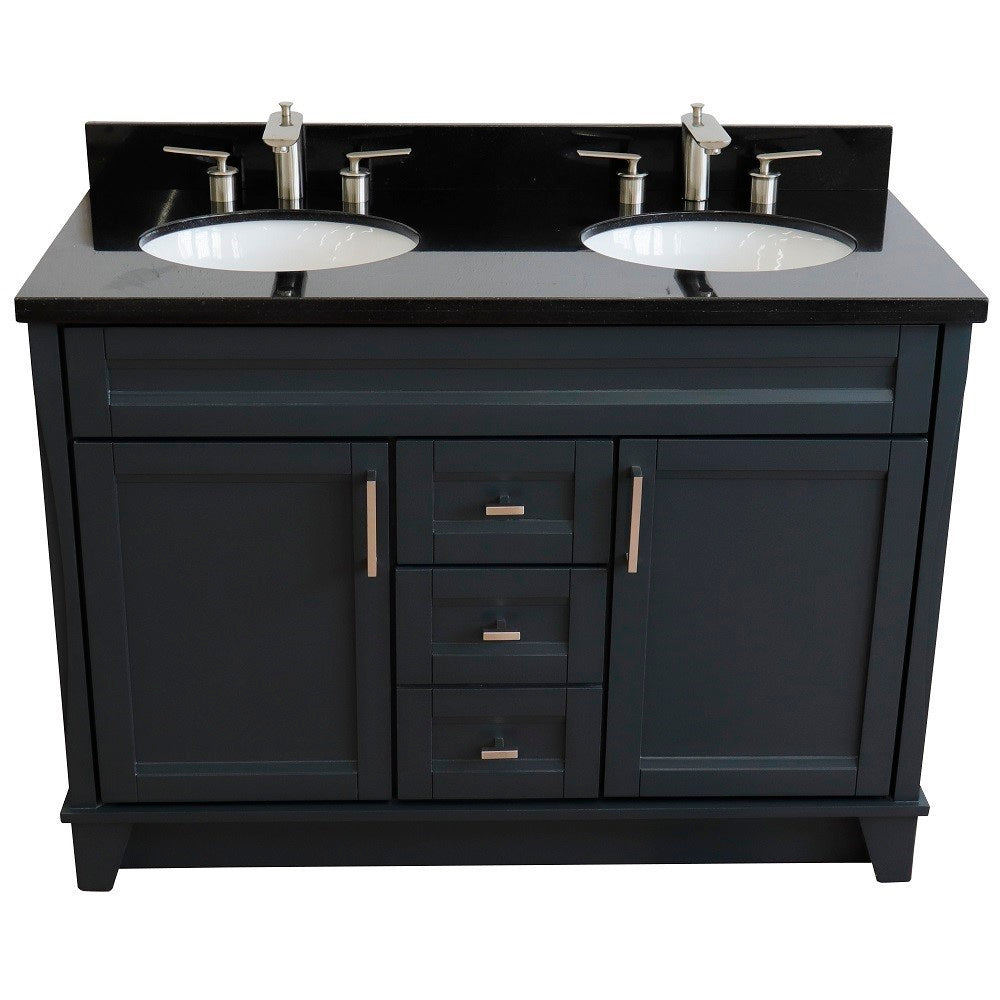 49" Double sink vanity in Dark Gray finish with Black galaxy granite and oval sink