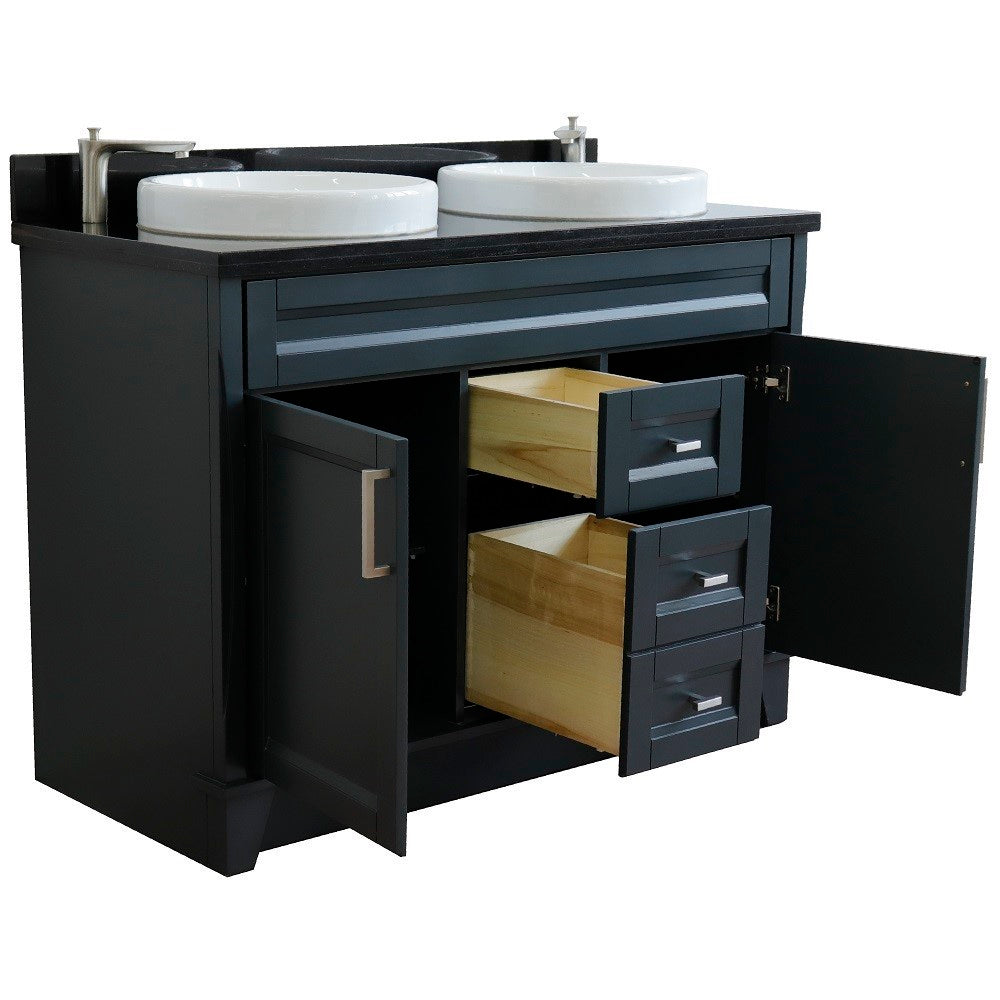 49" Double sink vanity in Dark Gray finish with Black galaxy granite and round sink