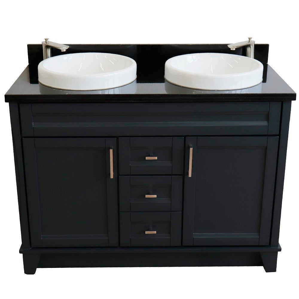 49" Double sink vanity in Dark Gray finish with Black galaxy granite and round sink