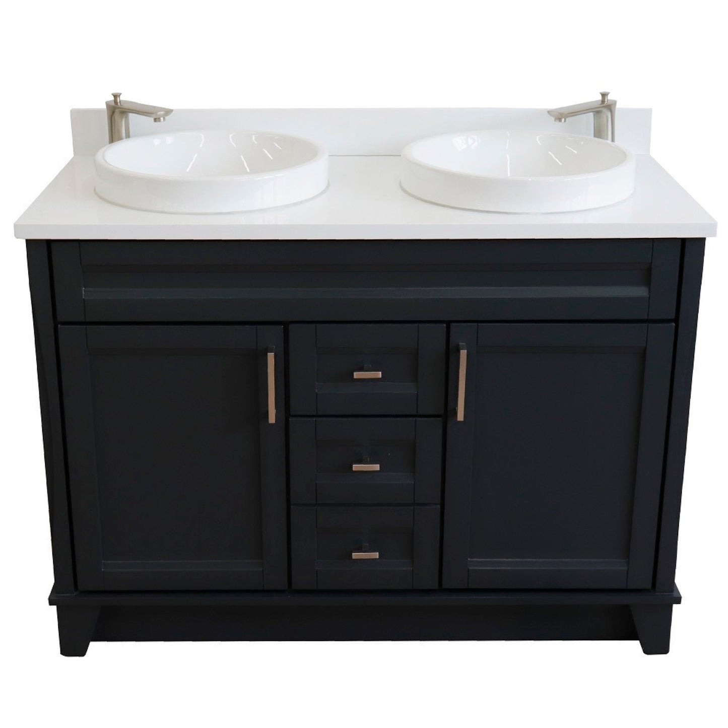 49" Double sink vanity in Dark Gray finish with White engineered stone and round sink