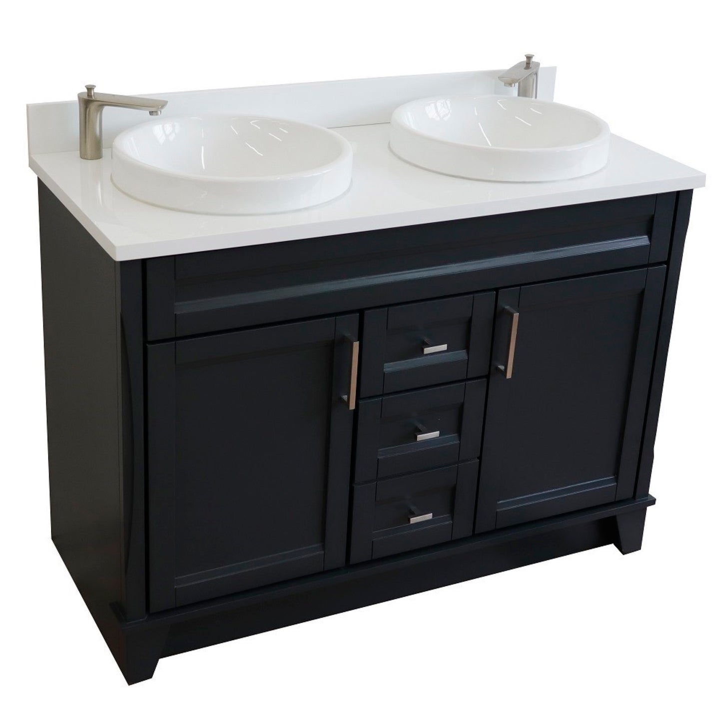 49" Double sink vanity in Dark Gray finish with White engineered stone and round sink