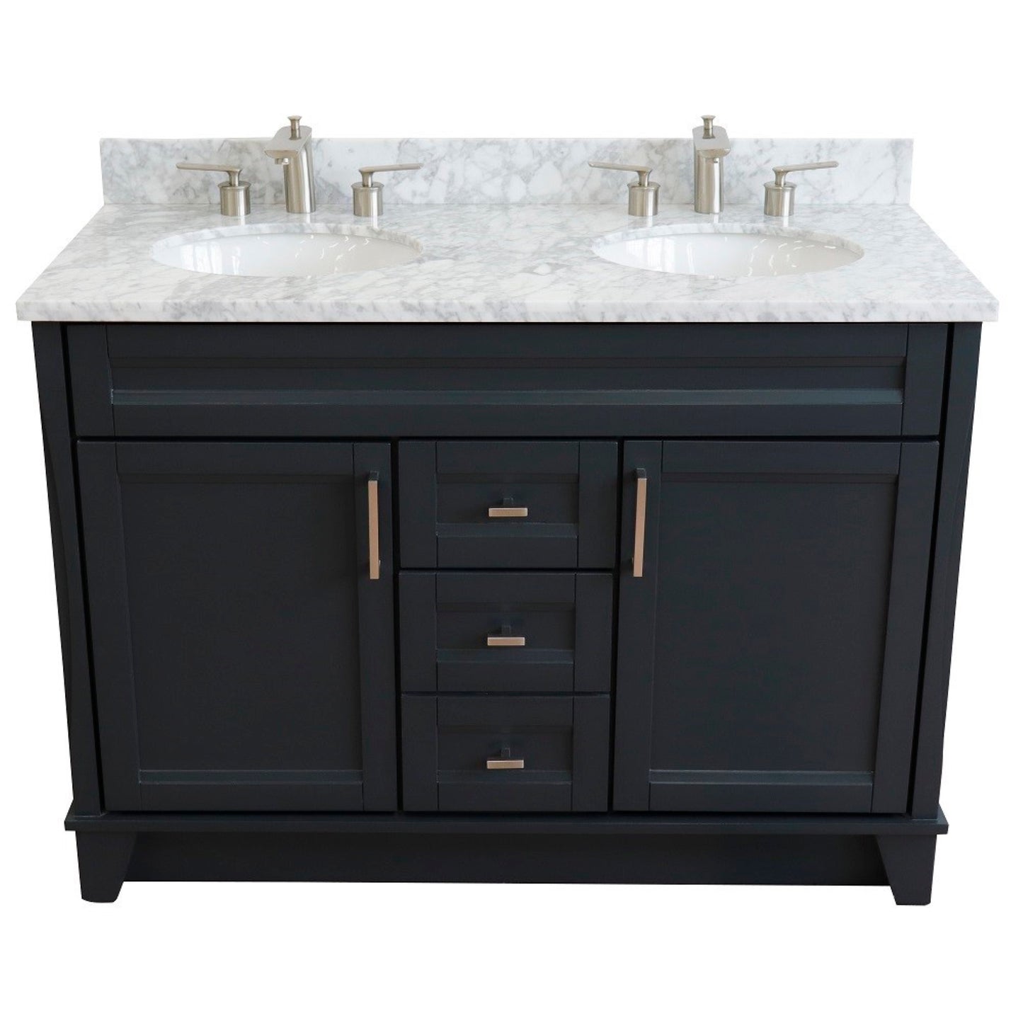 49" Double sink vanity in Dark Gray finish with White Carrara marble and oval sink