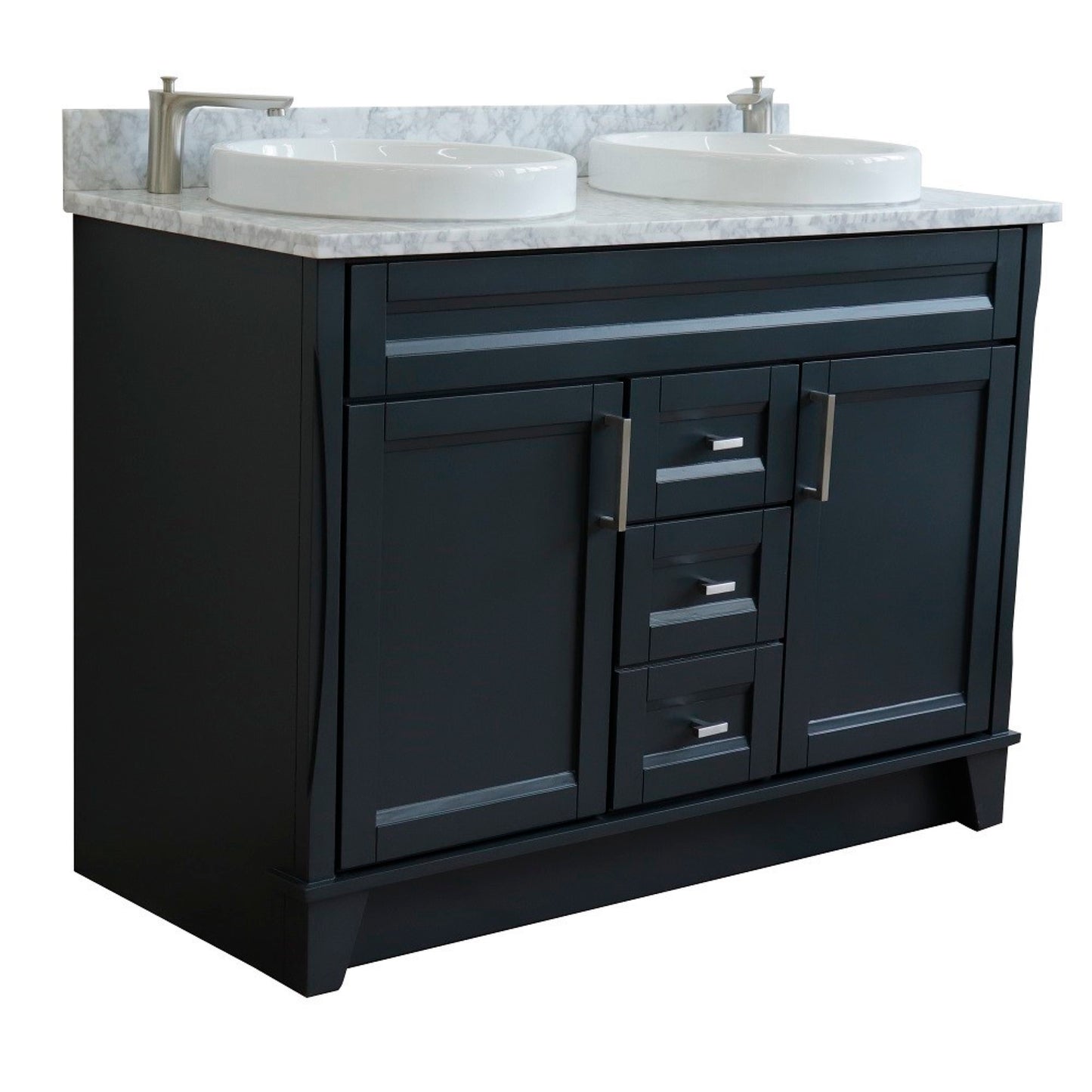 49" Double sink vanity in Dark Gray finish with White Carrara marble and round sink
