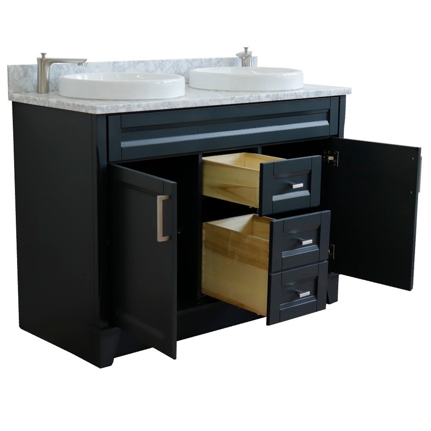 49" Double sink vanity in Dark Gray finish with White Carrara marble and round sink
