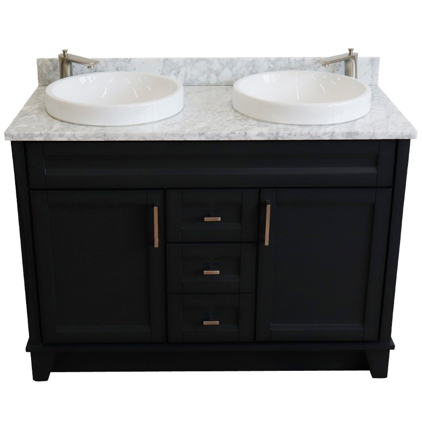 49" Double sink vanity in Dark Gray finish with White Carrara marble and round sink