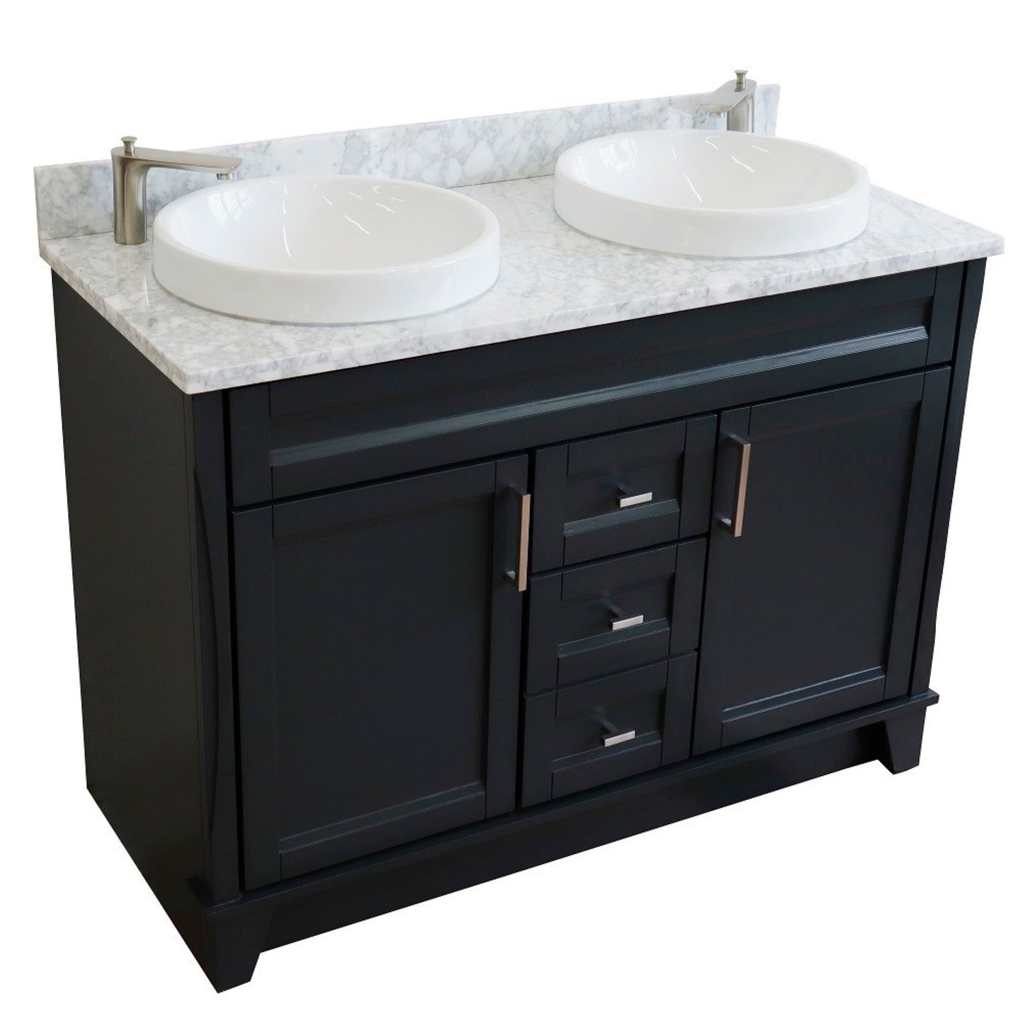 49" Double sink vanity in Dark Gray finish with White Carrara marble and round sink