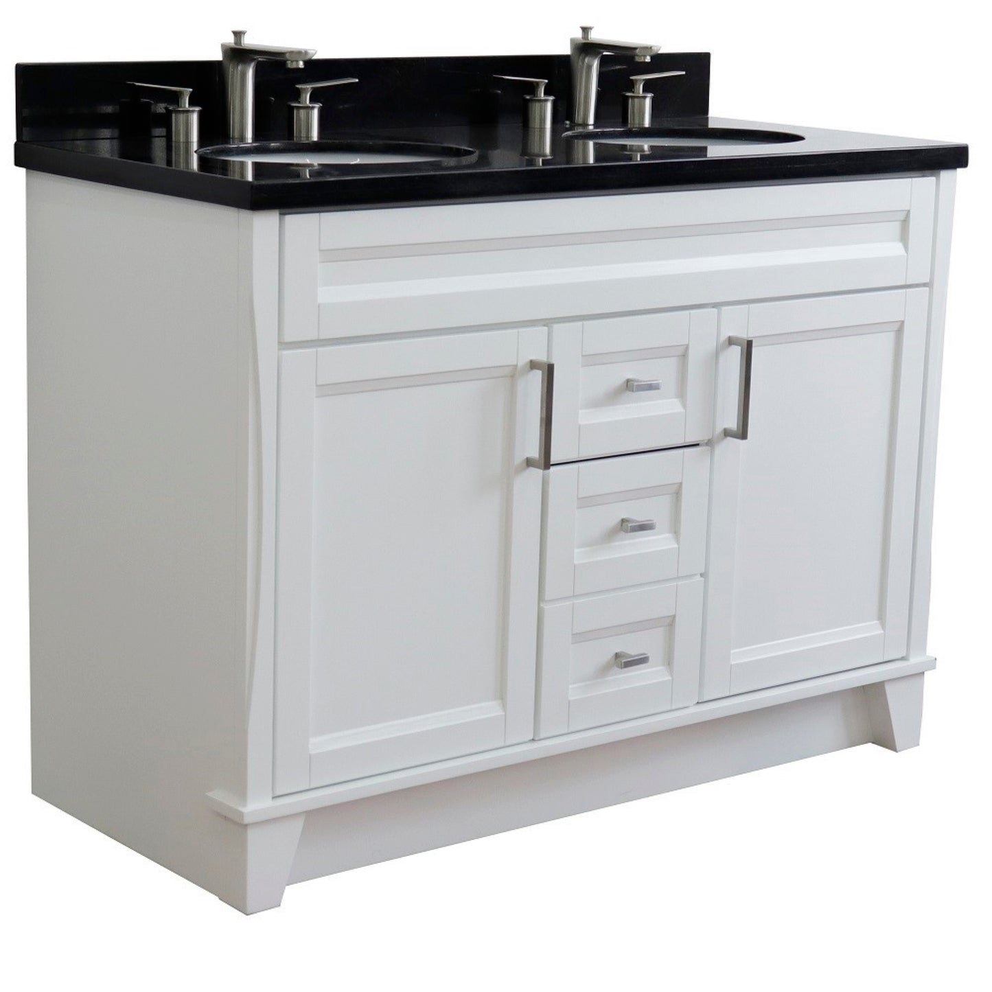 49" Double sink vanity in White finish with Black galaxy granite and oval sink