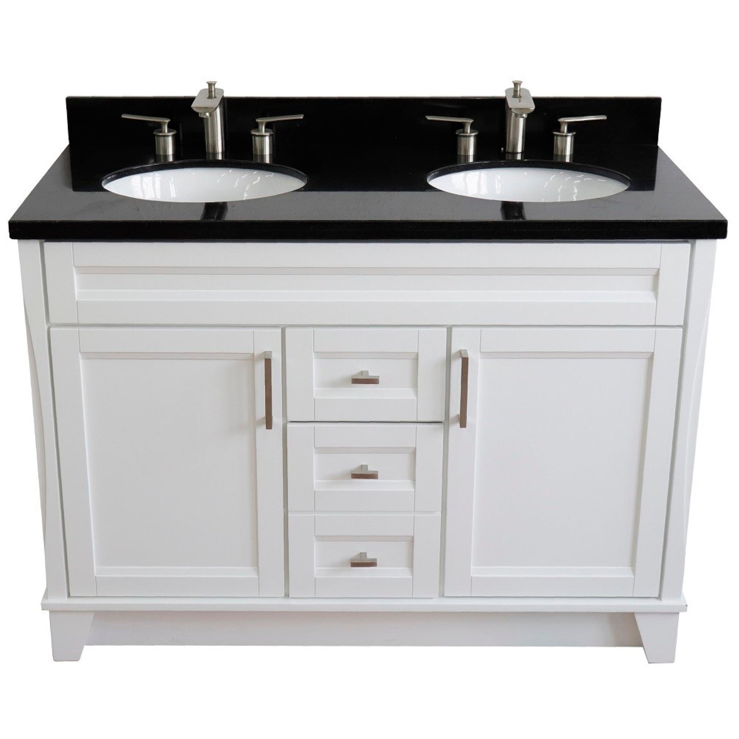 49" Double sink vanity in White finish with Black galaxy granite and oval sink