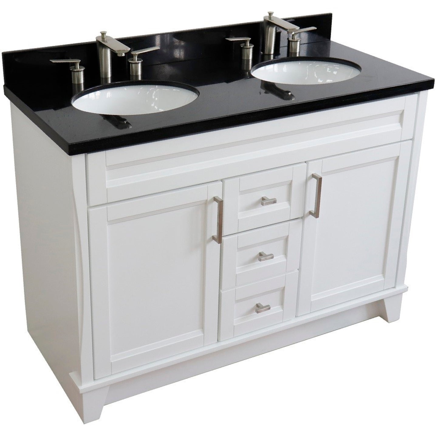 49" Double sink vanity in White finish with Black galaxy granite and oval sink