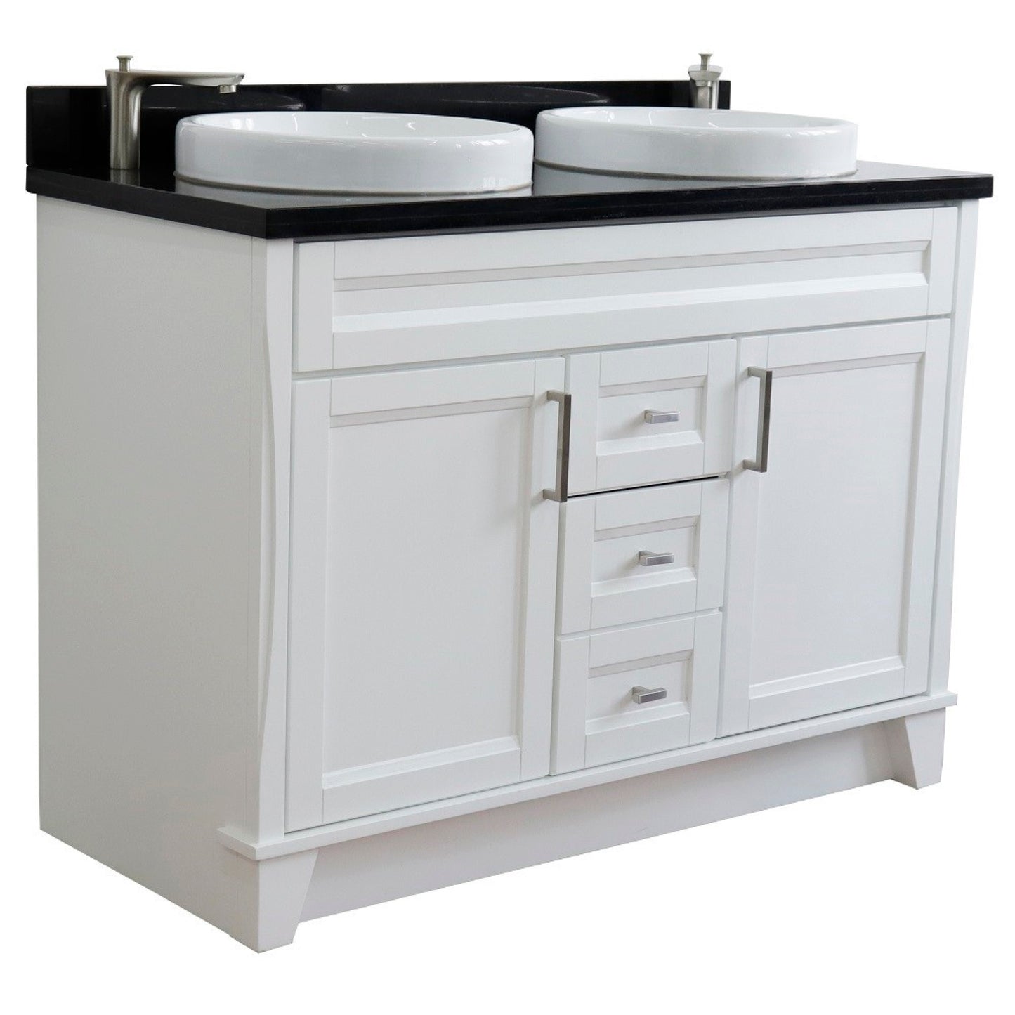 49" Double sink vanity in White finish with Black galaxy granite and round sink