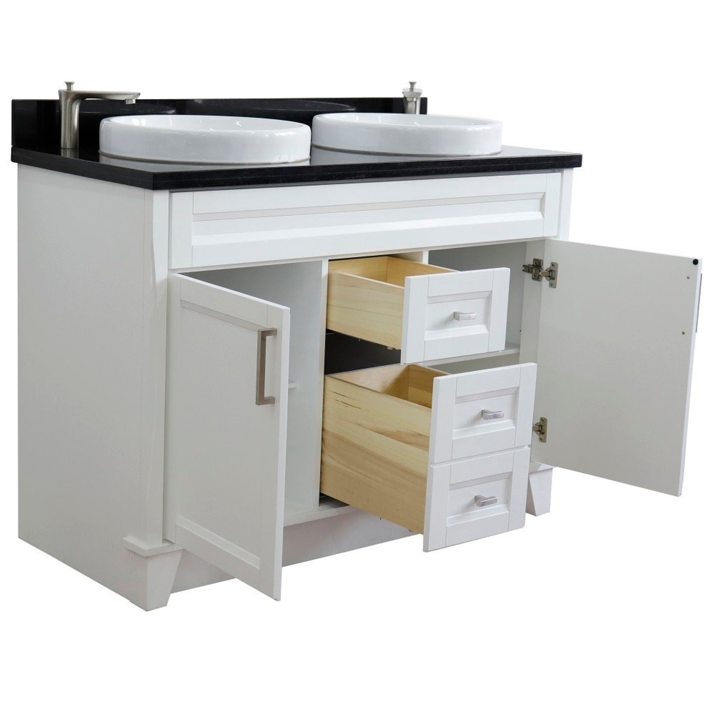 49" Double sink vanity in White finish with Black galaxy granite and round sink