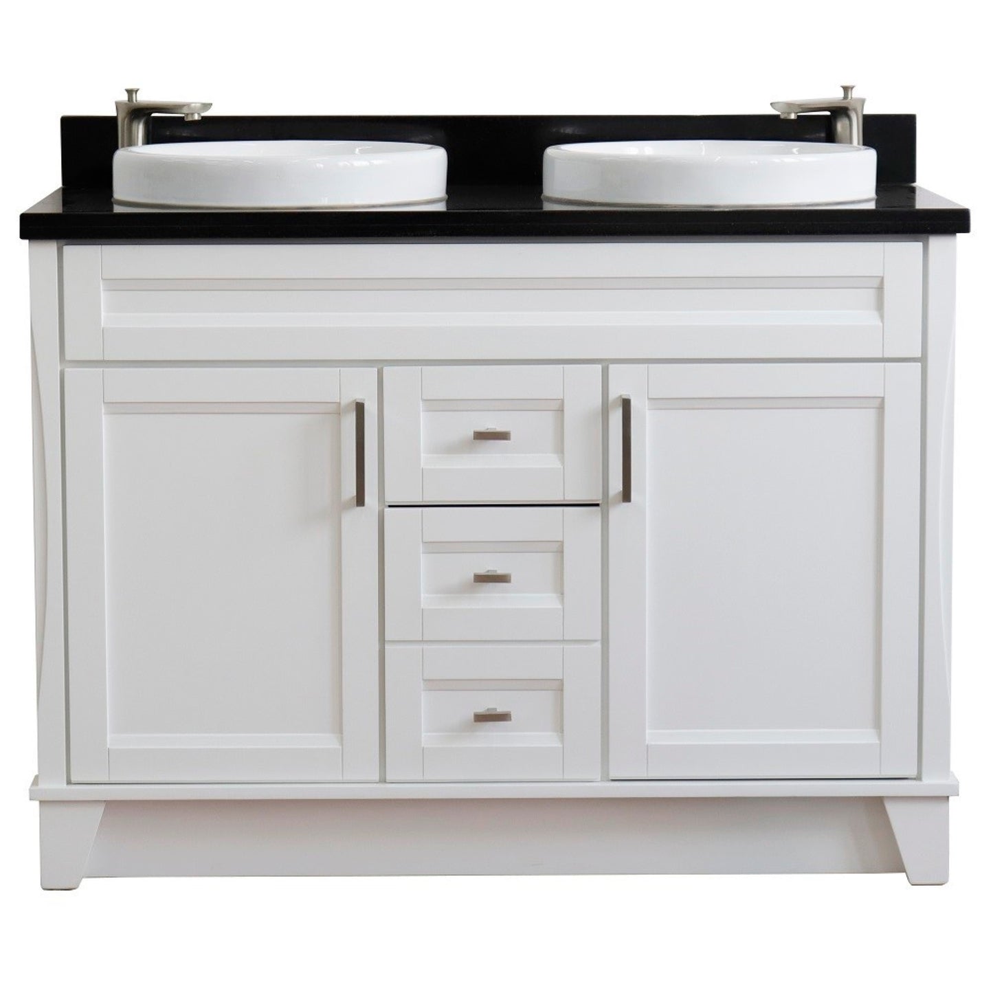 49" Double sink vanity in White finish with Black galaxy granite and round sink