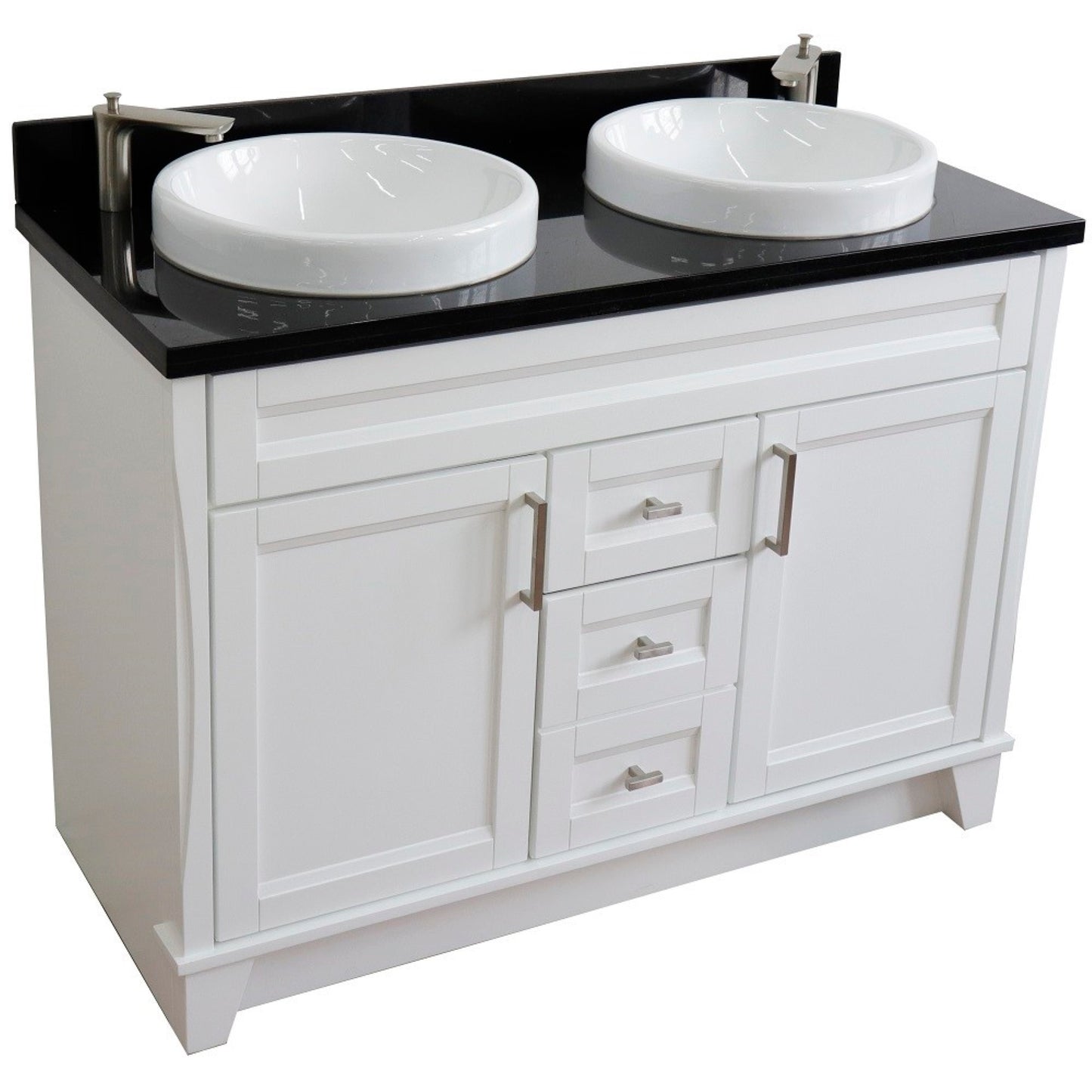 49" Double sink vanity in White finish with Black galaxy granite and round sink