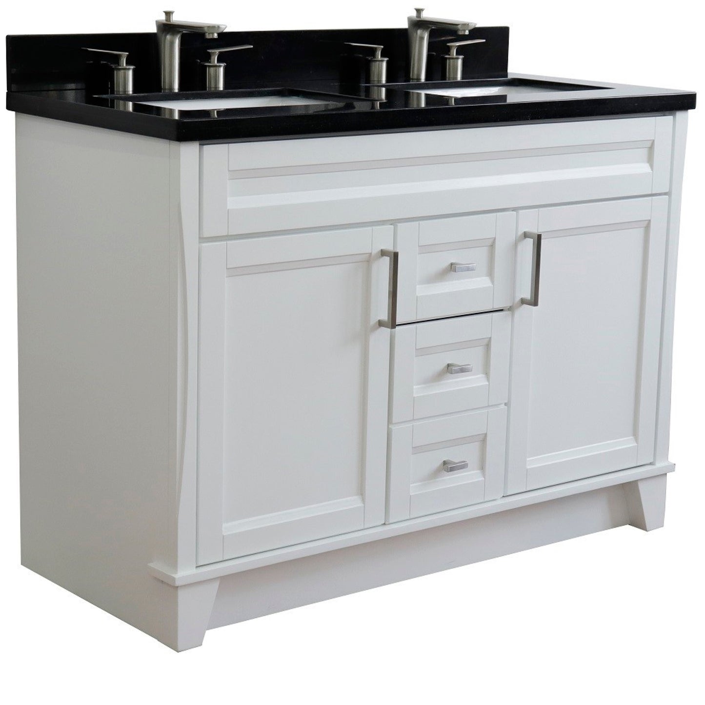 49" Double sink vanity in White finish with Black galaxy granite and rectangle sink