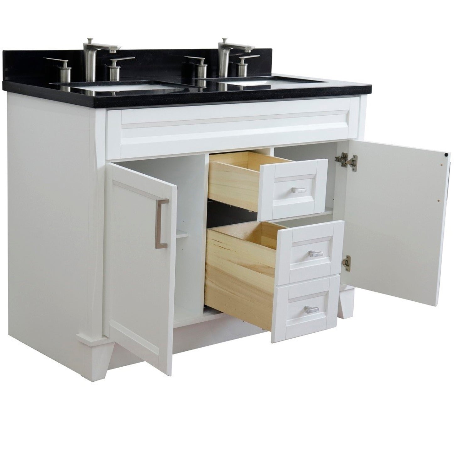 49" Double sink vanity in White finish with Black galaxy granite and rectangle sink