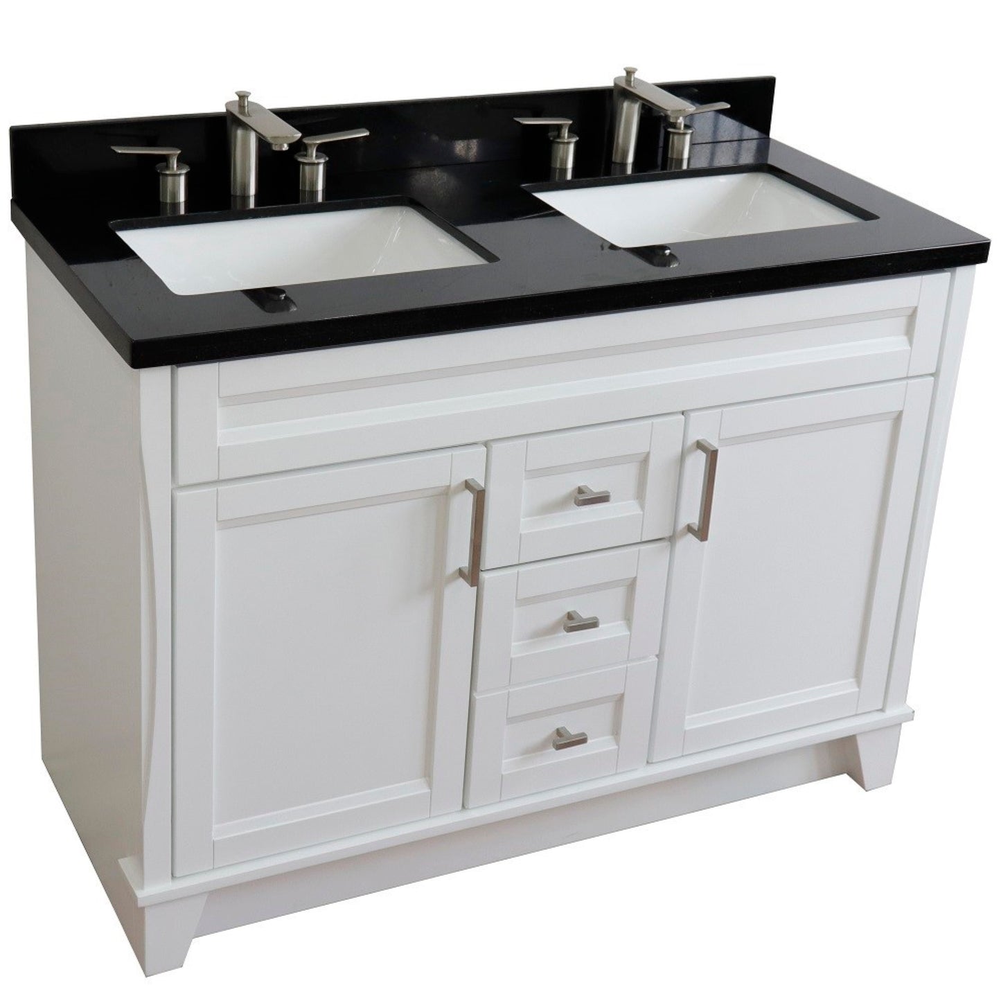 49" Double sink vanity in White finish with Black galaxy granite and rectangle sink