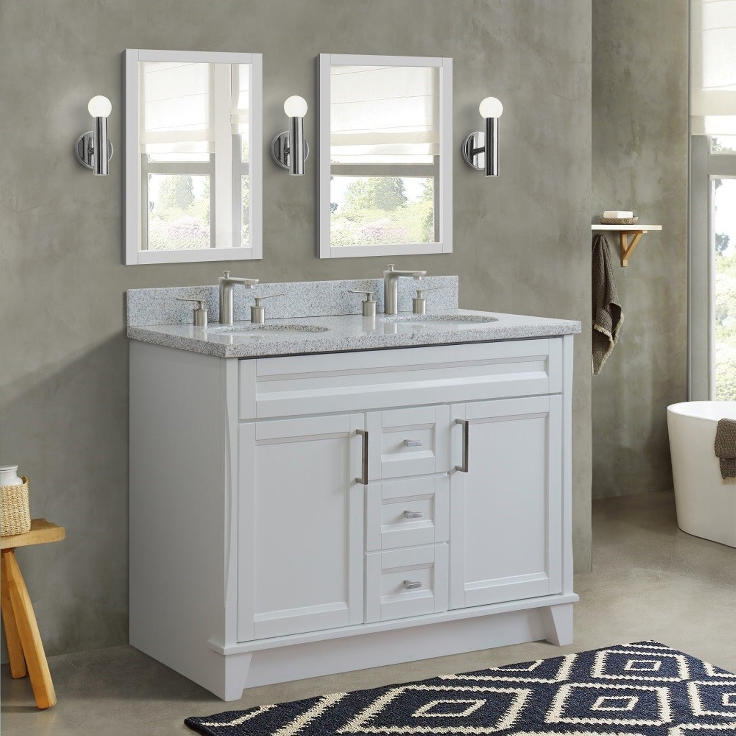 49" Double sink vanity in White finish with Gray granite and oval sink