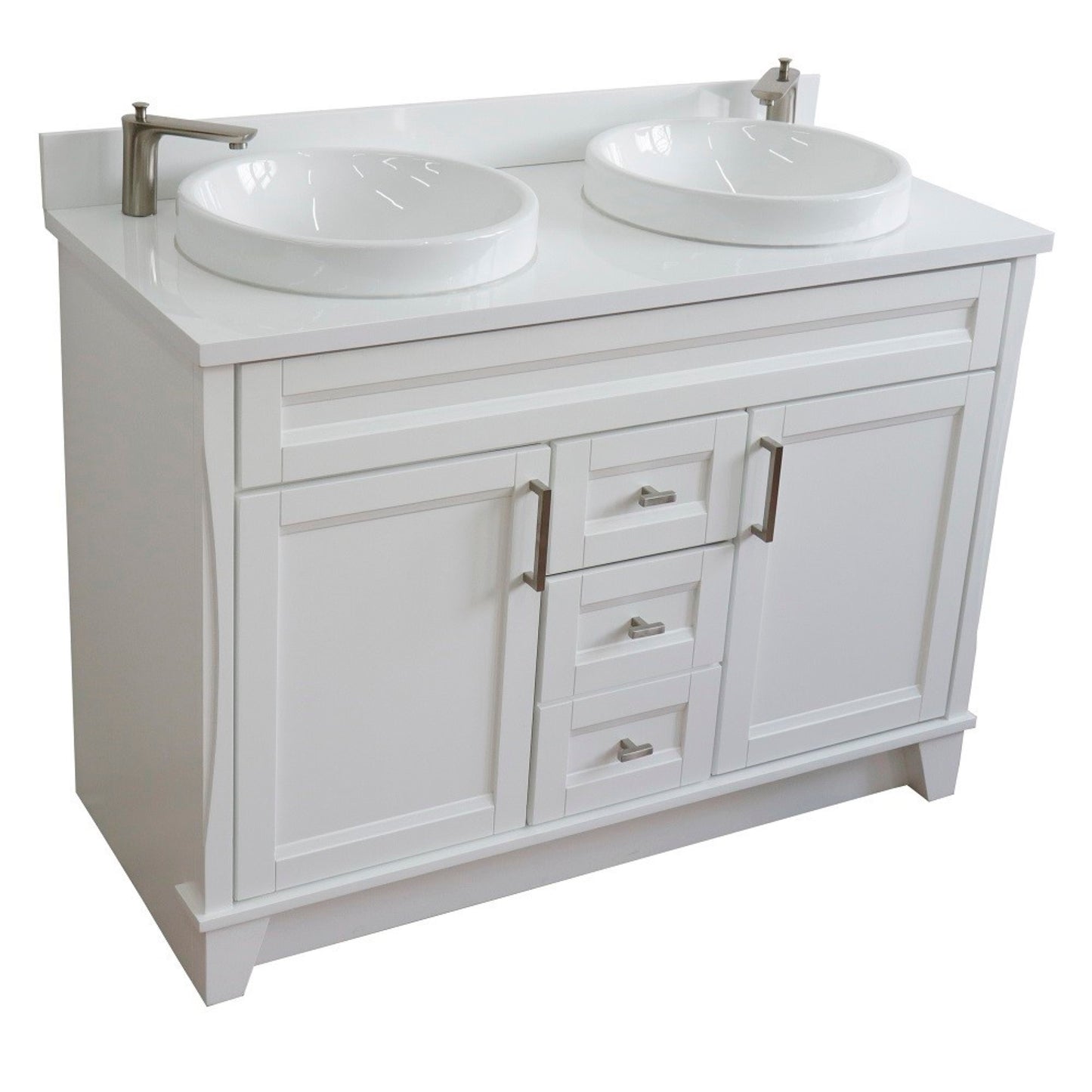 49" Double sink vanity in White finish with White engineered stone and round sink