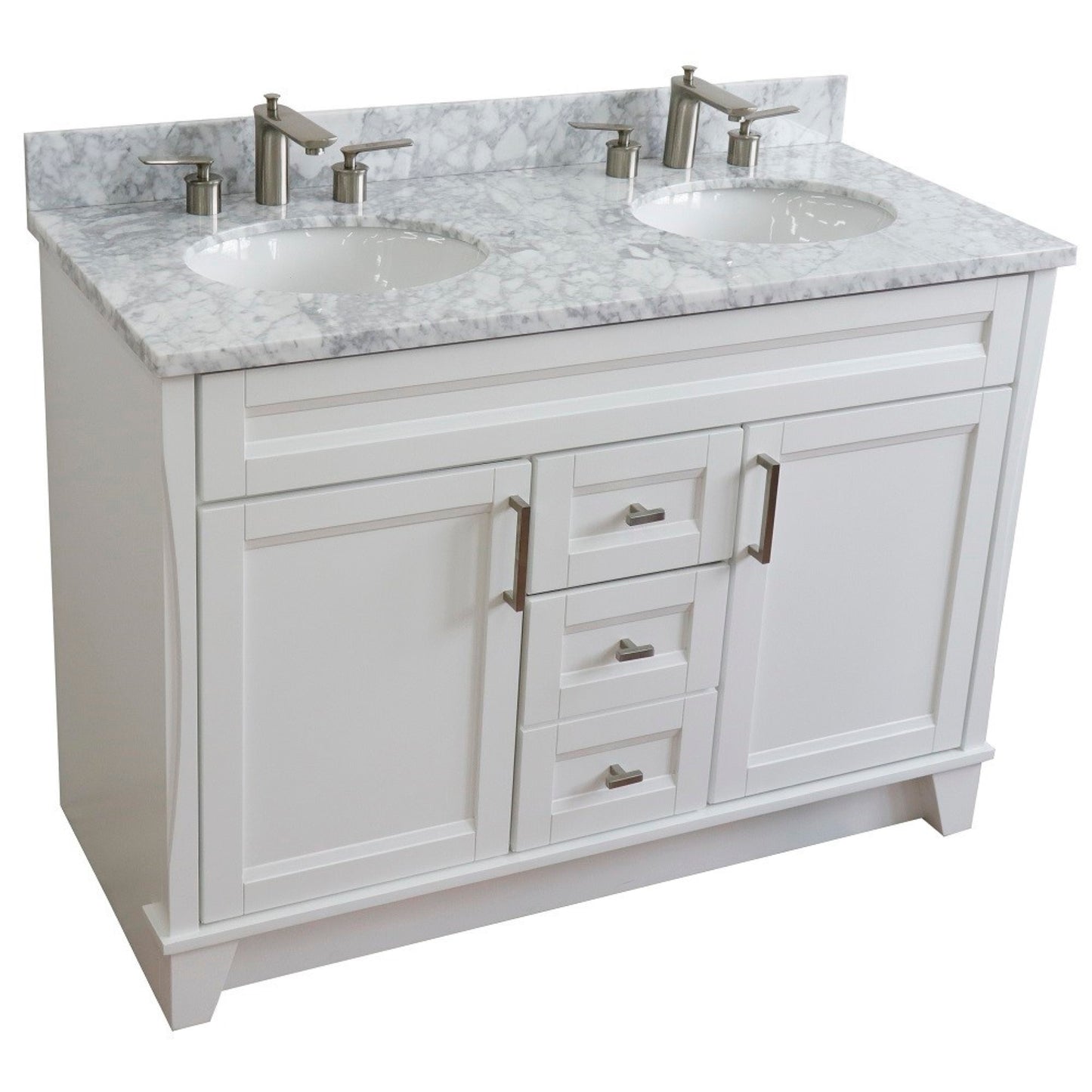 49" Double sink vanity in White finish with White Carrara marble and oval sink
