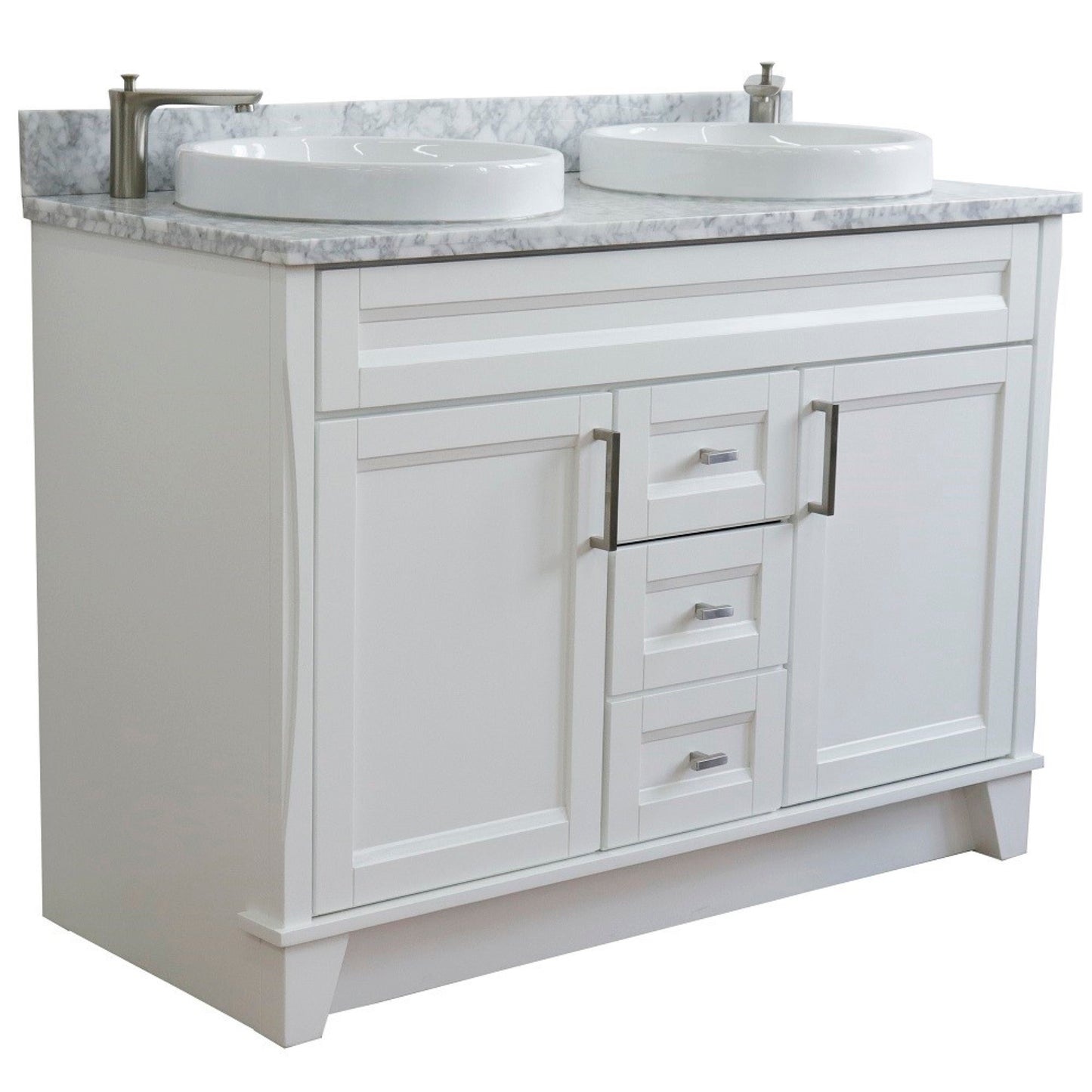 49" Double sink vanity in White finish with White Carrara marble and round sink