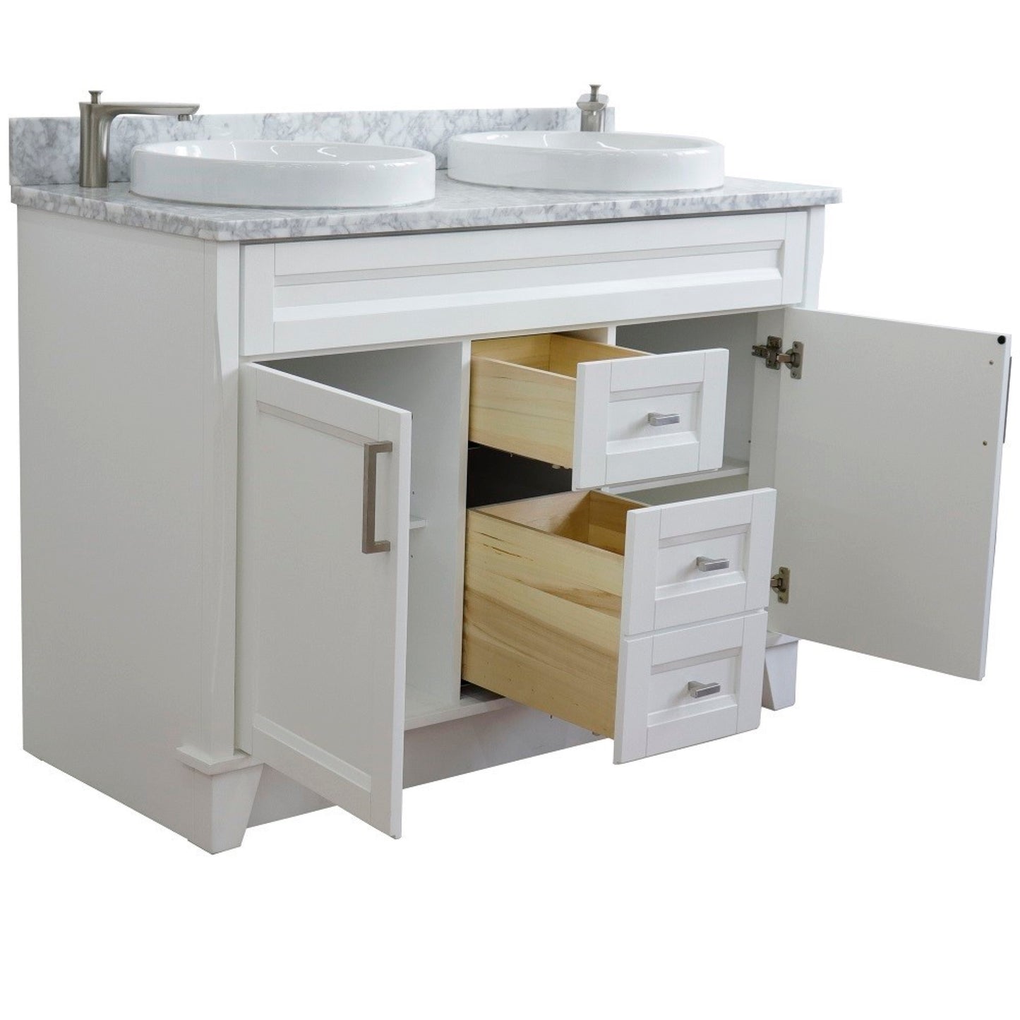 49" Double sink vanity in White finish with White Carrara marble and round sink