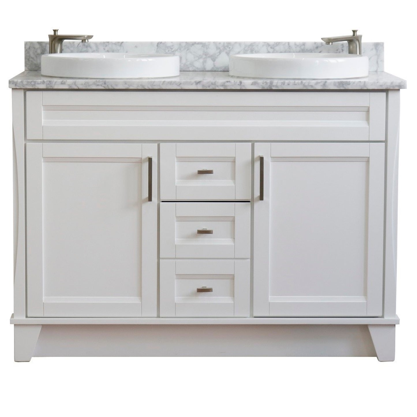 49" Double sink vanity in White finish with White Carrara marble and round sink