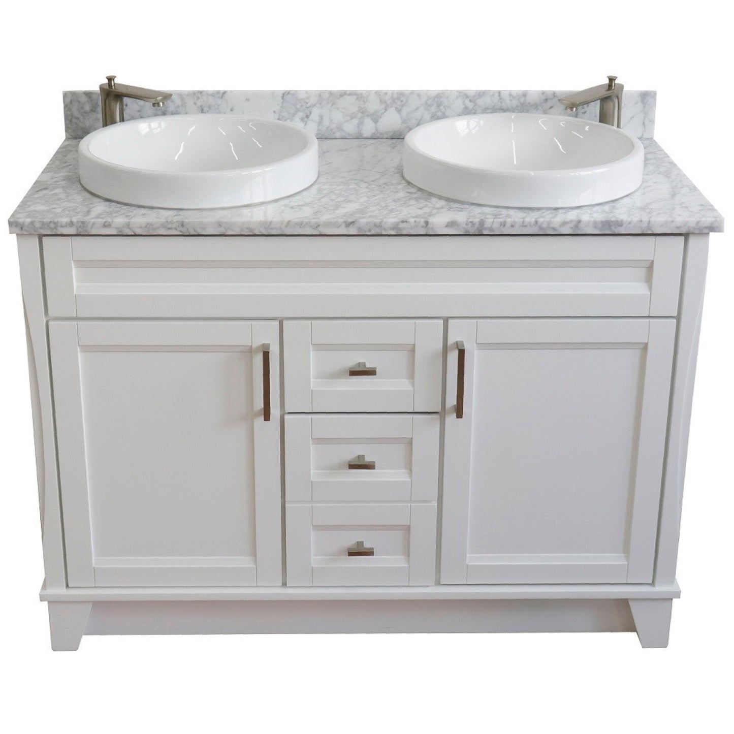 49" Double sink vanity in White finish with White Carrara marble and round sink