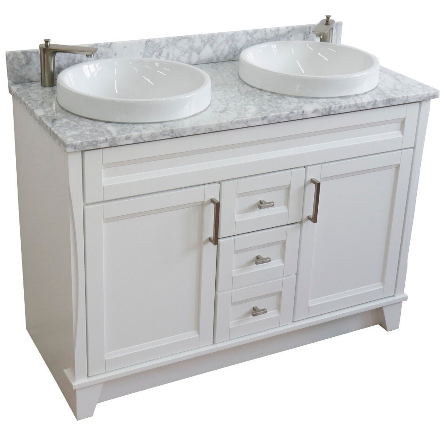 49" Double sink vanity in White finish with White Carrara marble and round sink