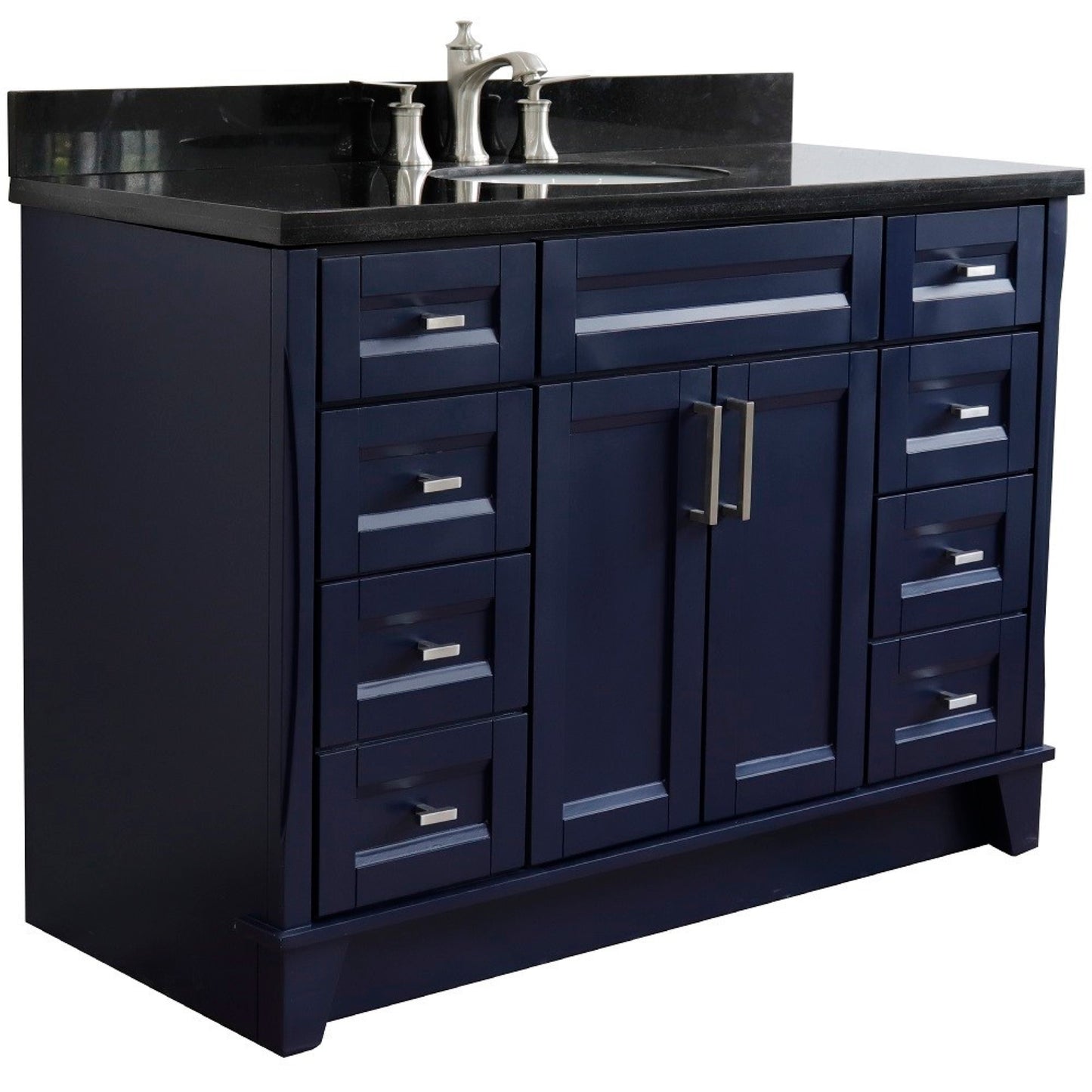 49" Single sink vanity in Blue finish with Black galaxy granite and oval sink
