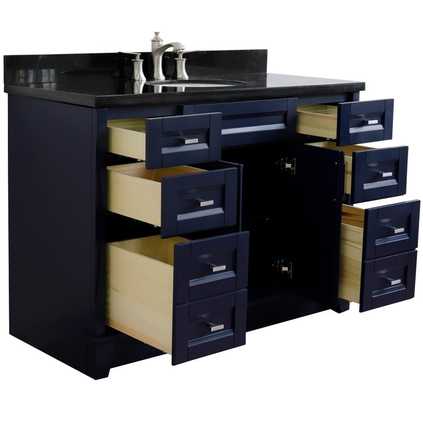 49" Single sink vanity in Blue finish with Black galaxy granite and oval sink