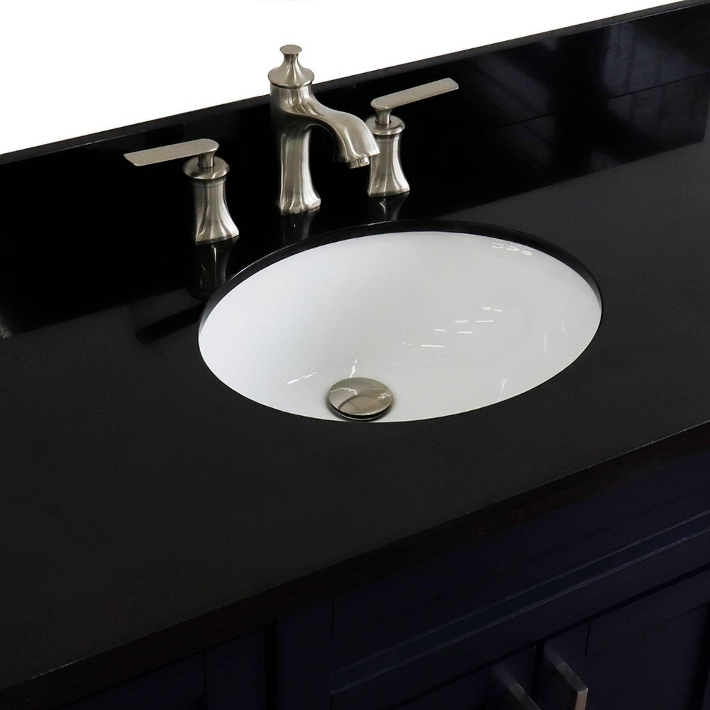 49" Single sink vanity in Blue finish with Black galaxy granite and oval sink