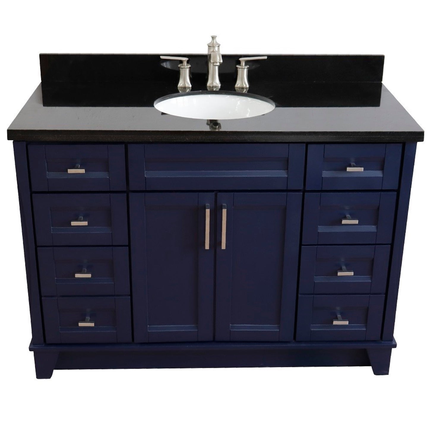 49" Single sink vanity in Blue finish with Black galaxy granite and oval sink