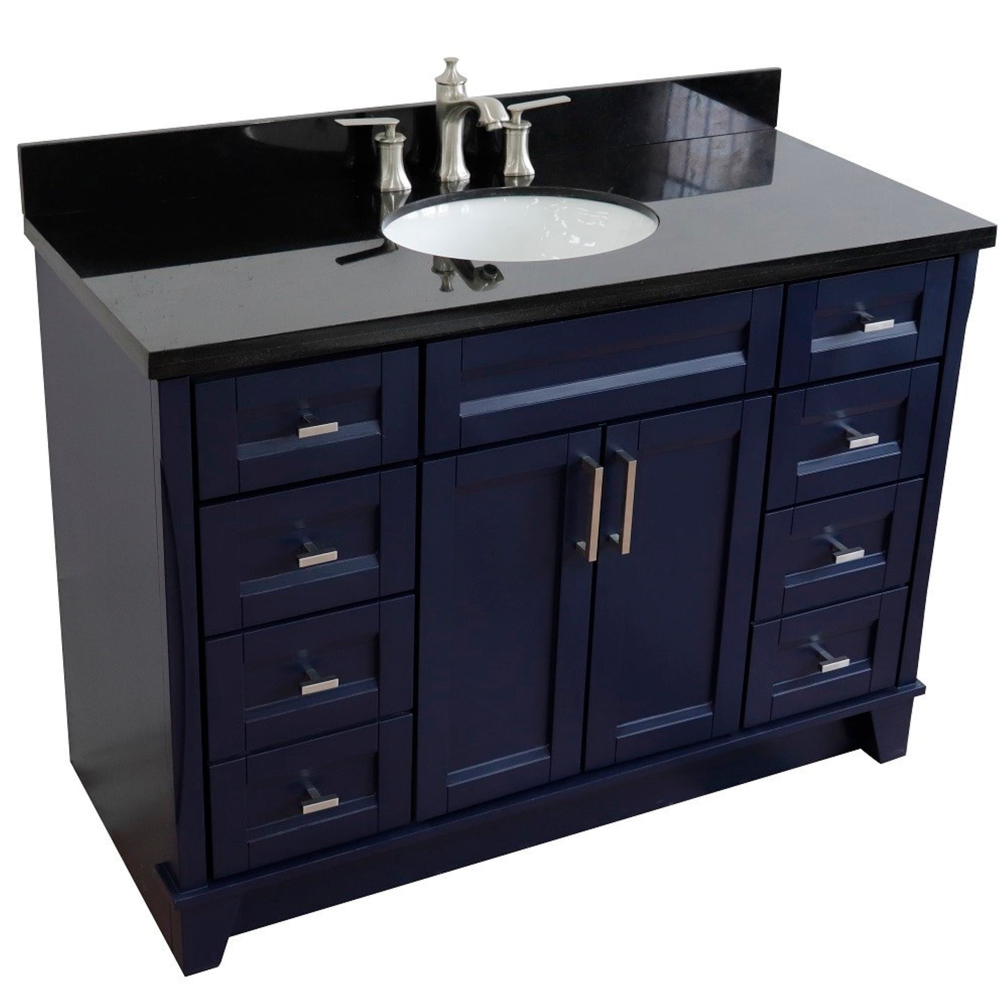 49" Single sink vanity in Blue finish with Black galaxy granite and oval sink