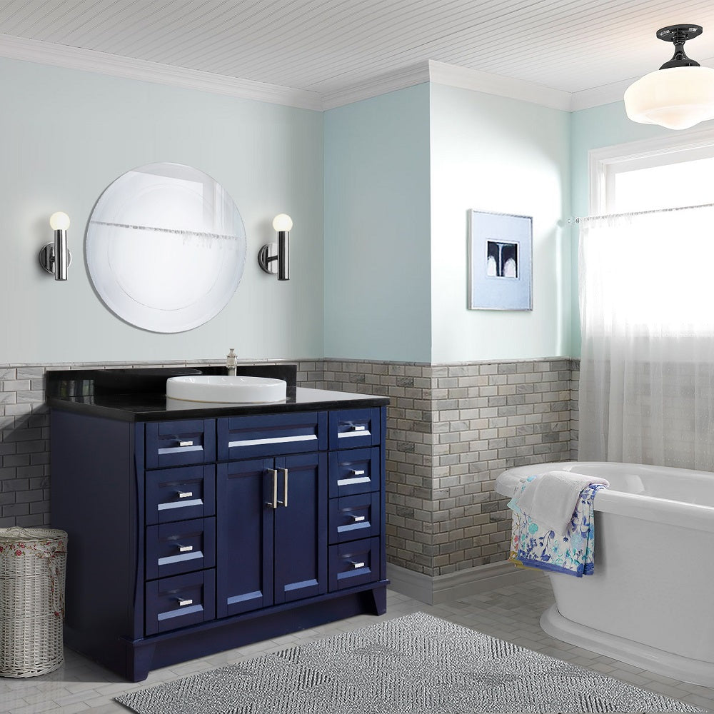 49" Single sink vanity in Blue finish with Black galaxy granite and round sink