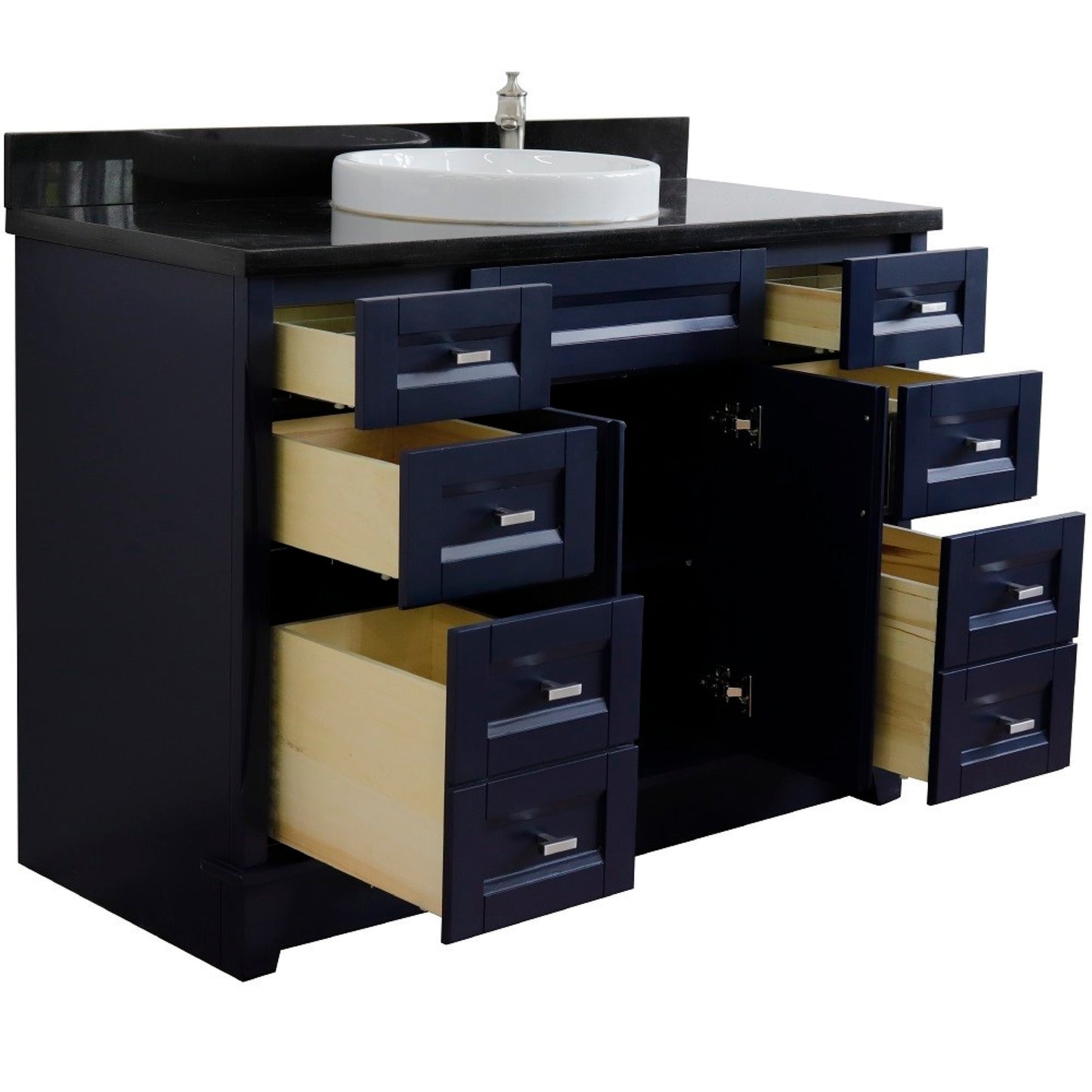 49" Single sink vanity in Blue finish with Black galaxy granite and round sink