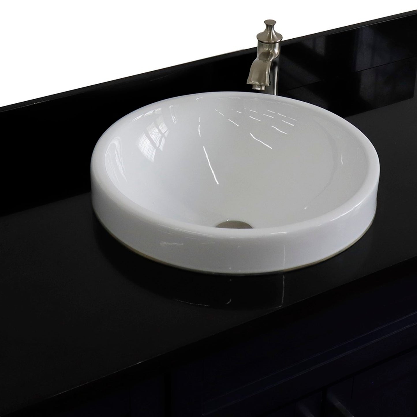 49" Single sink vanity in Blue finish with Black galaxy granite and round sink