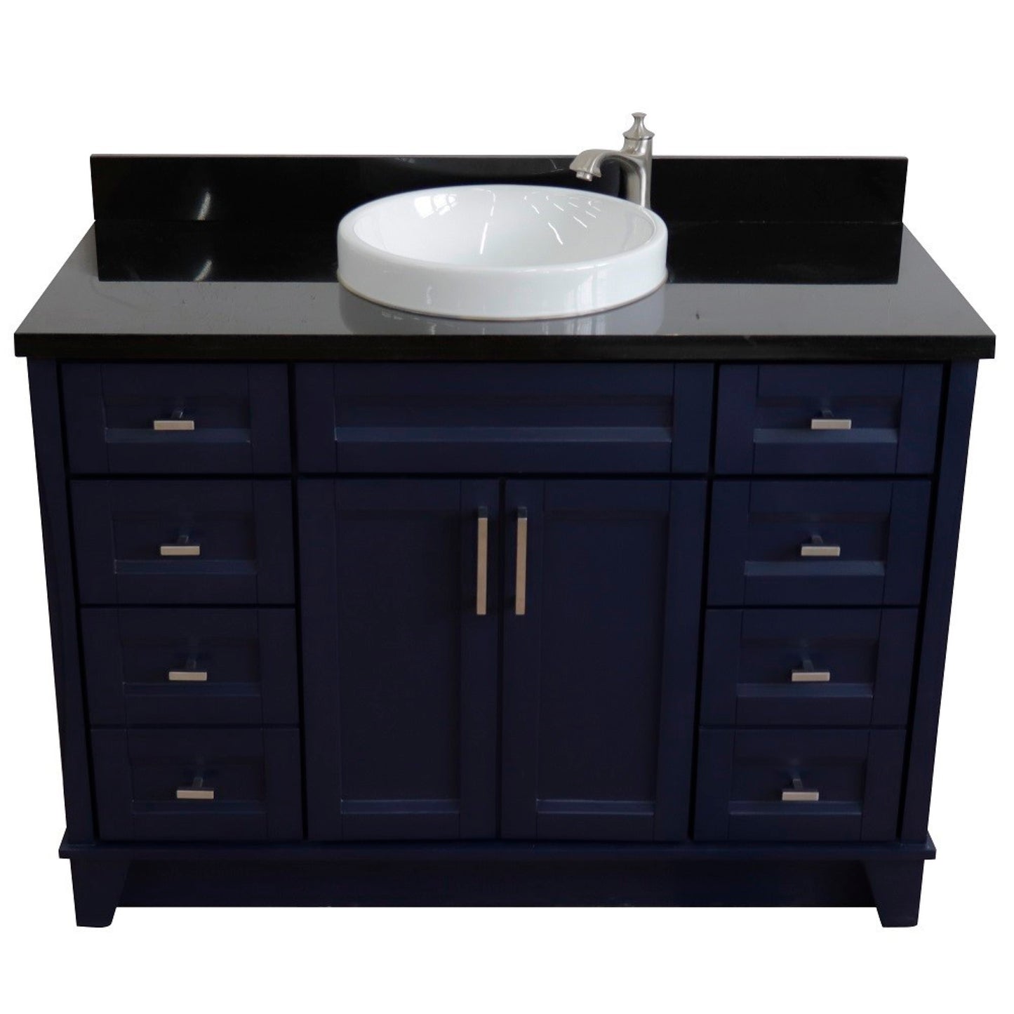 49" Single sink vanity in Blue finish with Black galaxy granite and round sink