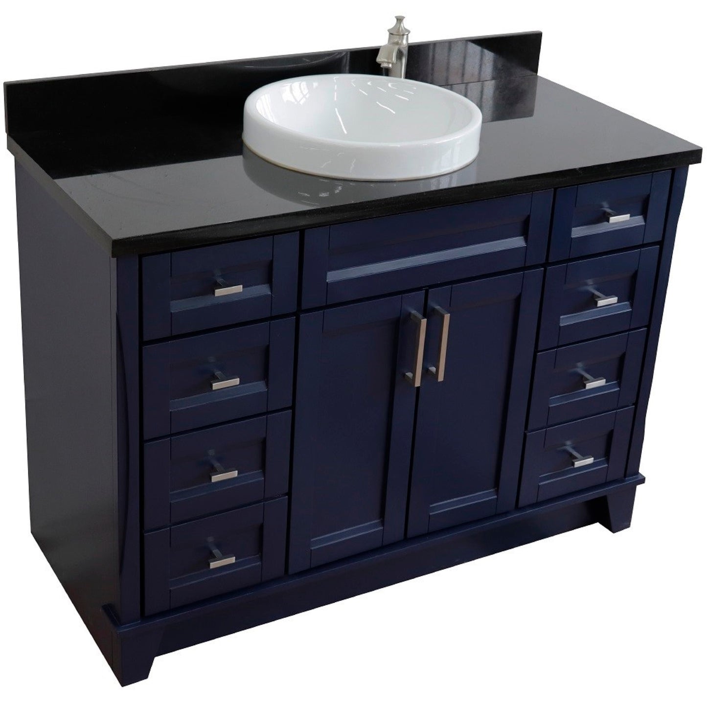49" Single sink vanity in Blue finish with Black galaxy granite and round sink