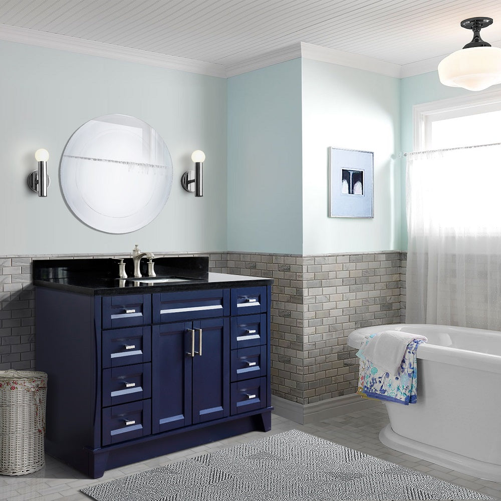 49" Single sink vanity in Blue finish with Black galaxy granite and rectangle sink