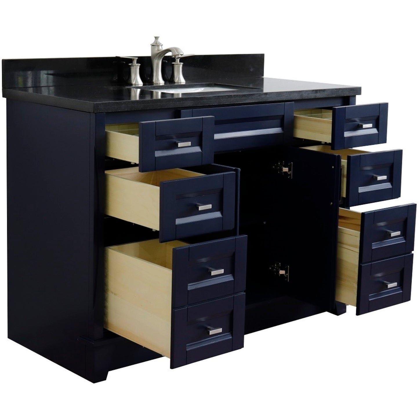 49" Single sink vanity in Blue finish with Black galaxy granite and rectangle sink
