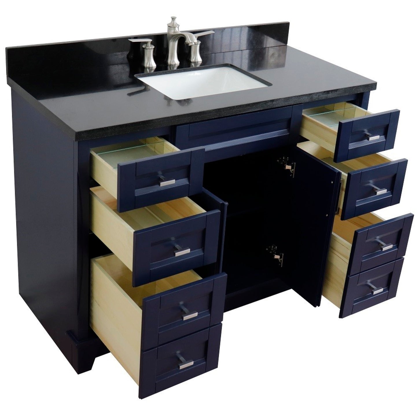 49" Single sink vanity in Blue finish with Black galaxy granite and rectangle sink