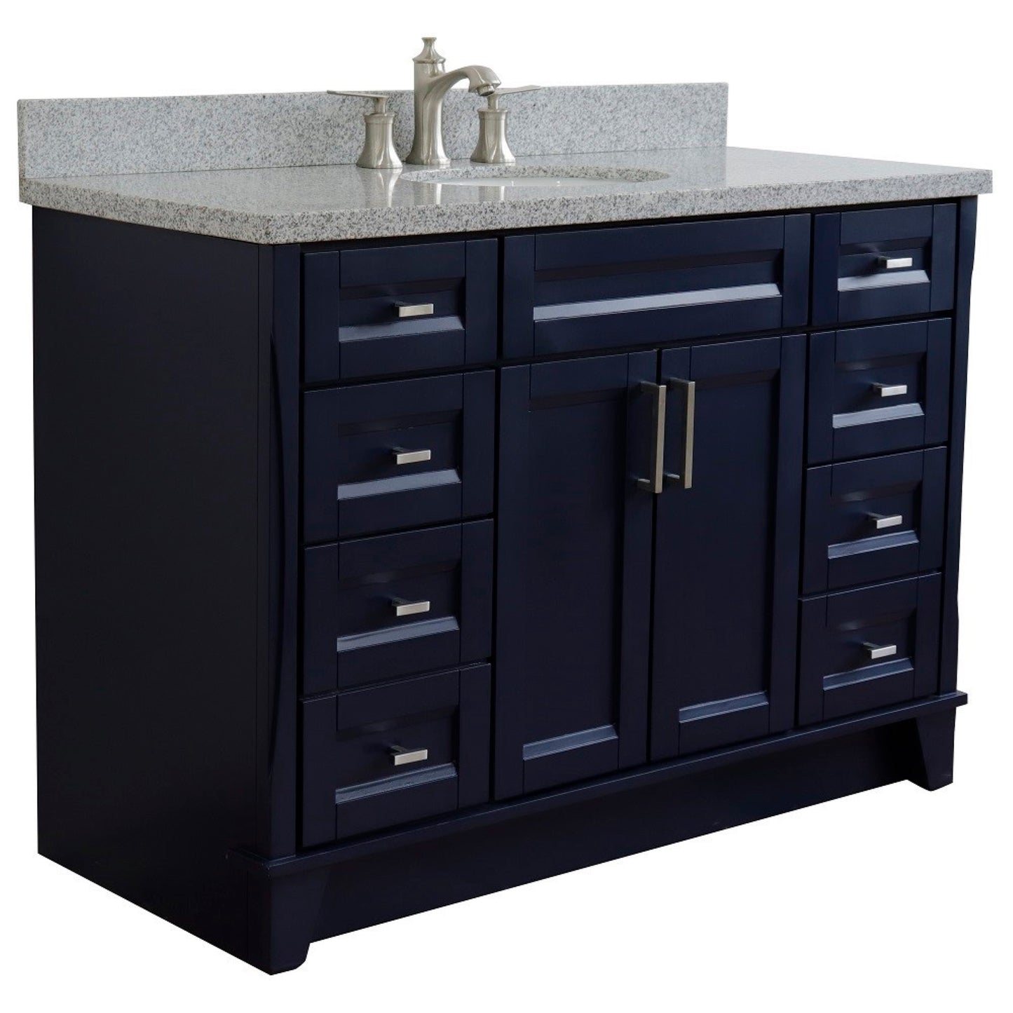 49" Single sink vanity in Blue finish with Gray granite and oval sink