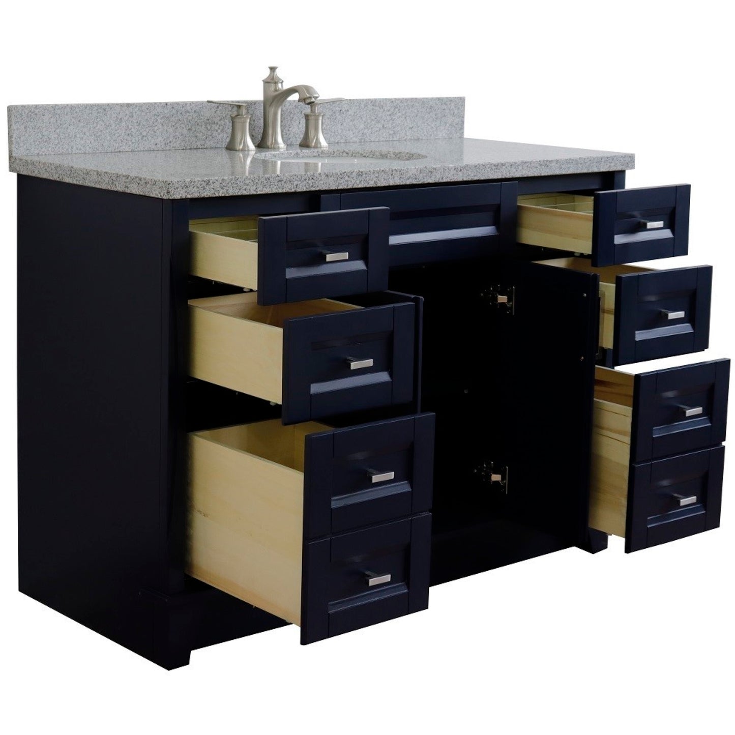49" Single sink vanity in Blue finish with Gray granite and oval sink