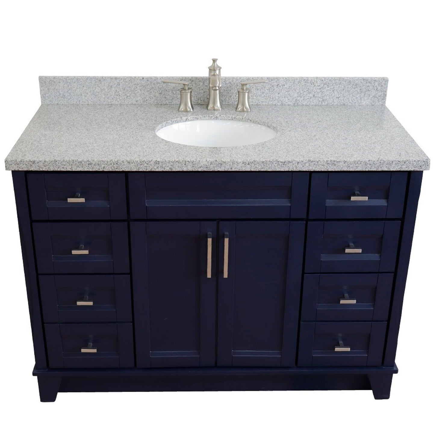 49" Single sink vanity in Blue finish with Gray granite and oval sink