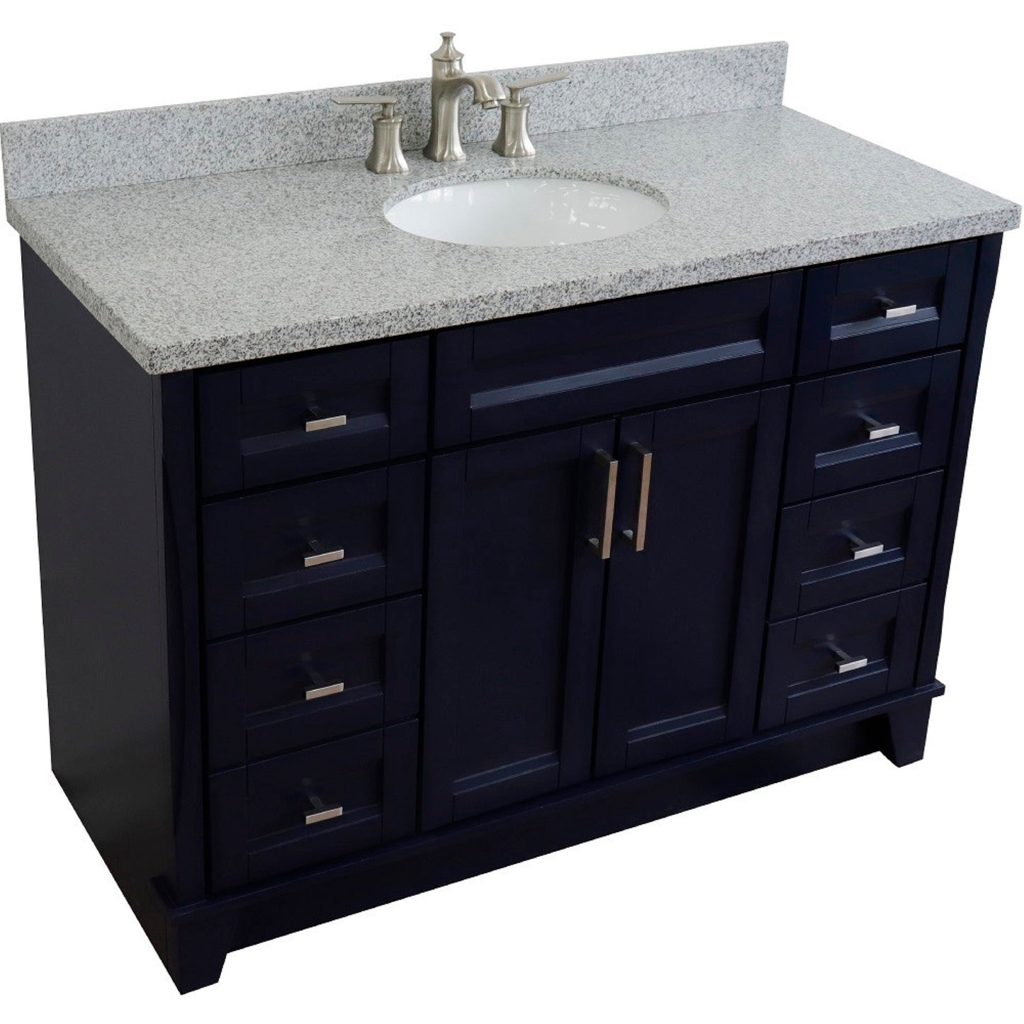 49" Single sink vanity in Blue finish with Gray granite and oval sink